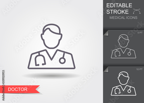 Doctor with stethoscope. Line icon with editable stroke with shadow