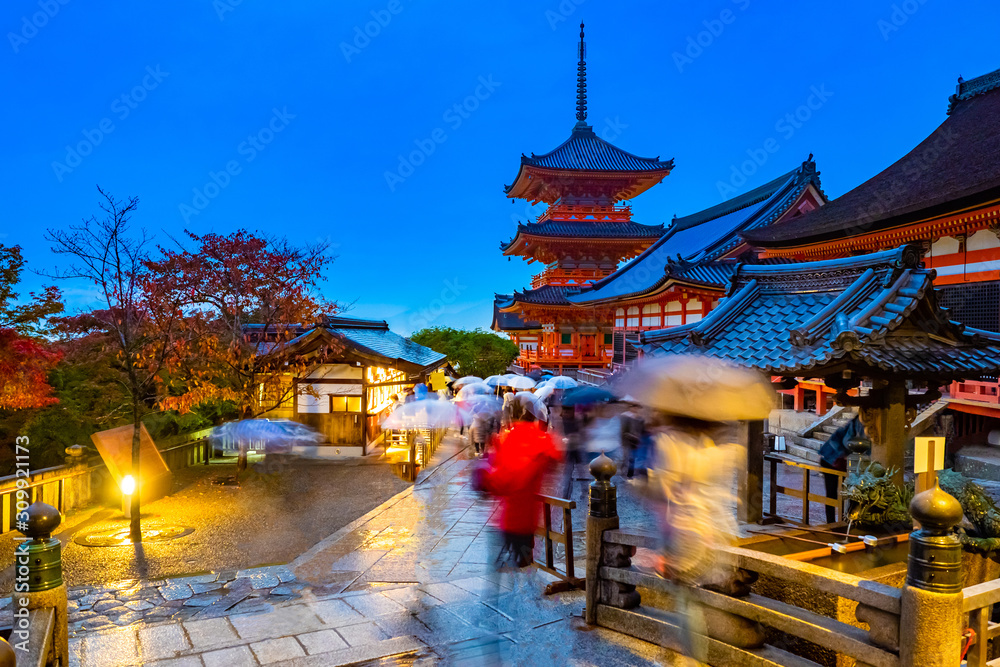 Fototapeta premium Japan. Kyoto. Temple of pure water in Japan. Kiyomizu Dera Temple. People with umbrellas walk at the temple of pure water in Kyoto. Religious building. Architecture Of Japan. Evening in Kyoto.