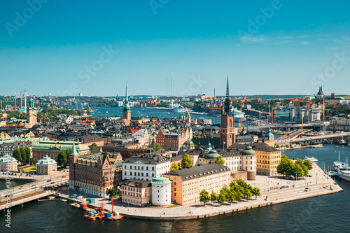 Stockholm, Sweden. Riddarholm Church, The Burial Place Of Swedish Monarchs On The Island Of Riddarholmen. Sunny Cityscape Skyline. Elevated View Of Gamla Stan