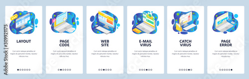 Mobile app onboarding screens. Website wireframe isometric icons, email mailware, virus error. Menu vector banner template for mobile development. Web site design flat illustration