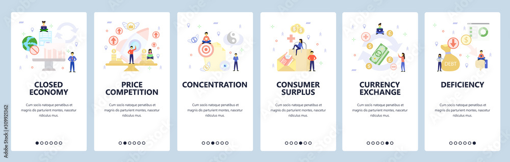 Mobile app onboarding screens. Economy balance, business debt, currency exchange. Menu vector banner template for website and mobile development. Web site design flat illustration