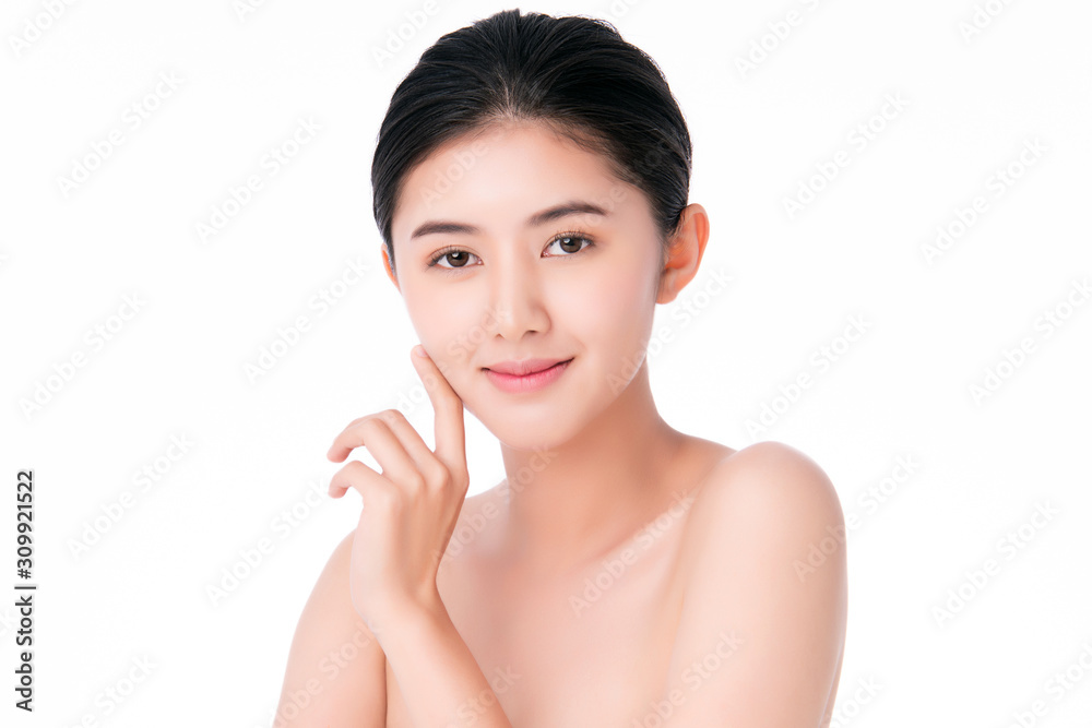 Beautiful Young Asian Woman with Clean Fresh Skin. Face care, Facial treatment, on white background, Beauty and Cosmetics Concept. Beautiful Young Asian Woman with Clean Fresh Skin. Face care, Facial treatment, on white background, Beauty and Cosmetics Concept.