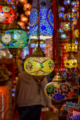 Turkish Lamp or Moroccan Lantern, Eastern style, decorative lamps at store, in Global Village, Dubai, United Arab Emirates © hossein1351