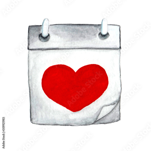 Calendar with a red heart. Watercolor illustration isolated on white background.