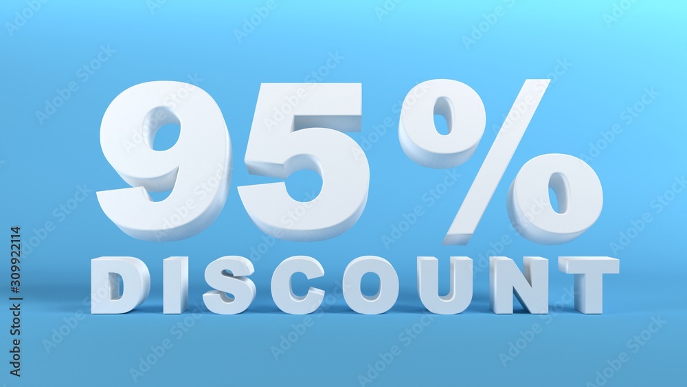 95 Percent Discount in white 3D text on light blue background, 3d render