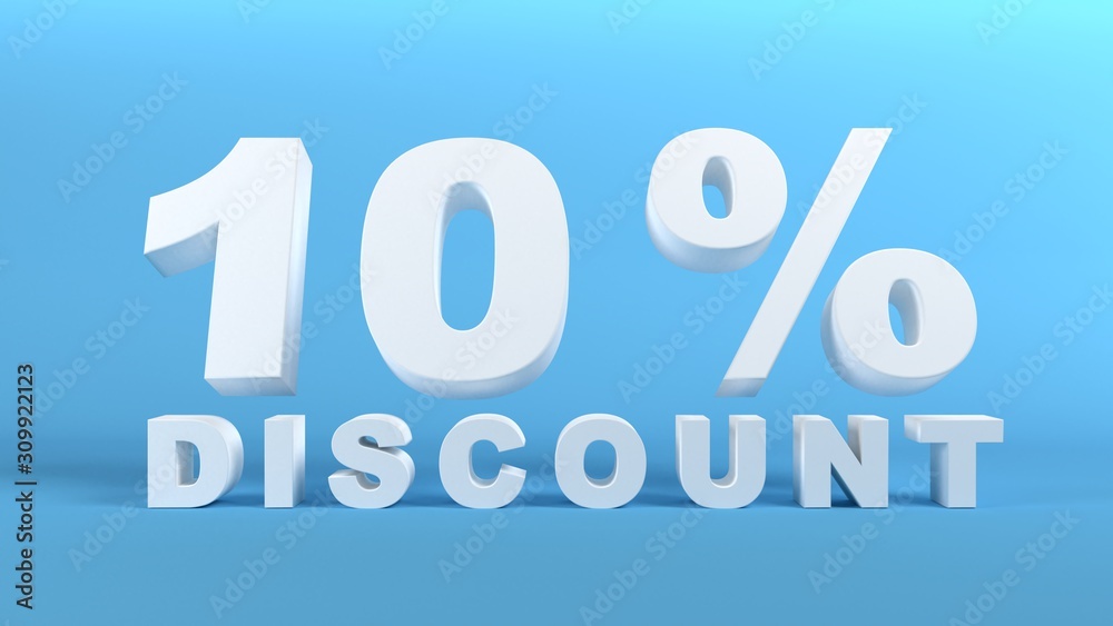 10 Percent Discount in white 3D text on light blue background, 3d render