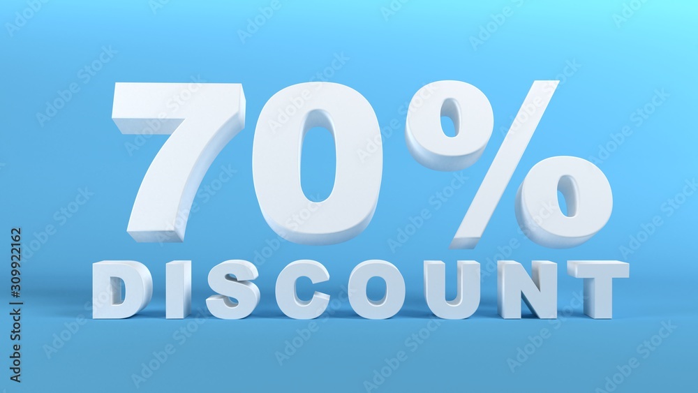 70 Percent Discount in white 3D text on light blue background, 3d render 70 Percent Discount in white 3D text on light blue background, 3d render