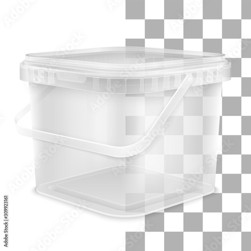 Vector transparent square empty plastic bucket with handle. Front view from the corner.