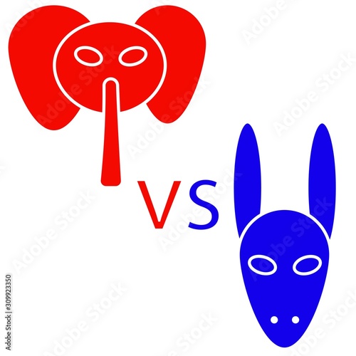 Democratic emblem and Republican sign against each other debate, election, politics red and blue, elephant vs. donkey isolated background vector illustration