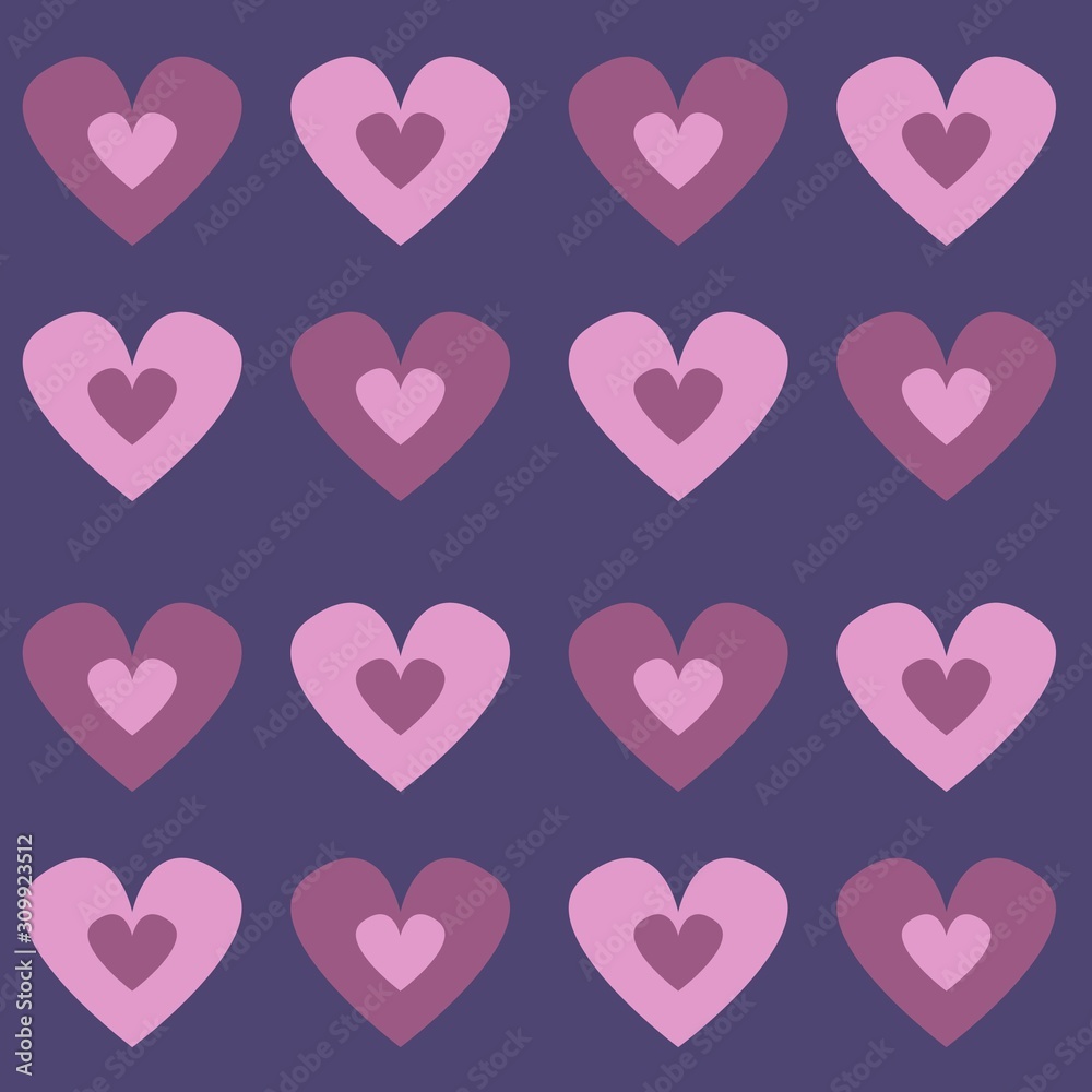 Pattern love, Valentine's Day, pink hearts of different features on dark blue background, isolated vector illustration