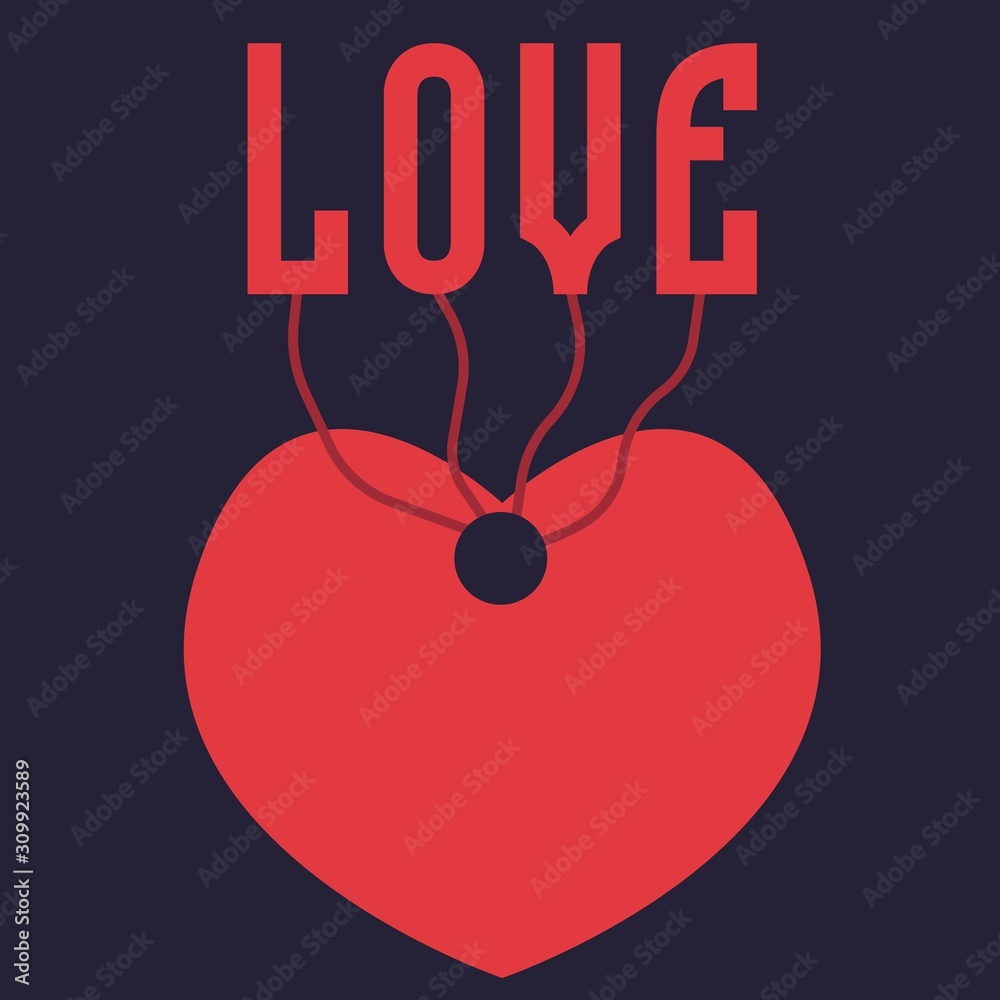 Love, Valentine's Day, red heart along with the word love on threads isolated vector illustration Love, Valentine's Day, red heart along with the word love on threads isolated vector illustration
