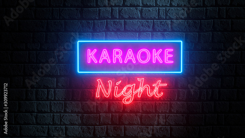 Brick wall at night with neon sign karaoke night. Advertising bright night karaoke bar, party, disco bar, night club, live music show. Live music photo