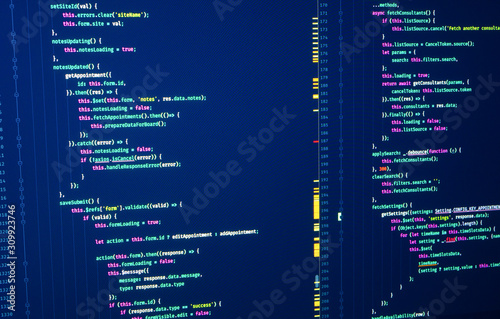 Javascript lines of code for website application. Javascript. Software programming code. Abstract computer script code. Java source code. Script language for software development