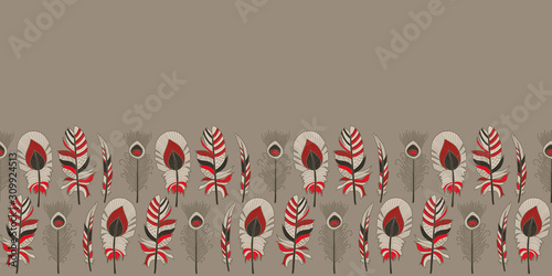 Vector feather seamless border in grey, white, red. Simple doodle plume hand drawn made into horizontal repeat. Great for invitations, decor, packaging, ribbon, greeting cards, stationary.
