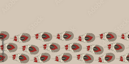 Vector feather seamless border in grey, white, red. Simple doodle plume hand drawn made into horizontal repeat. Great for invitations, decor, packaging, ribbon, greeting cards, stationary.