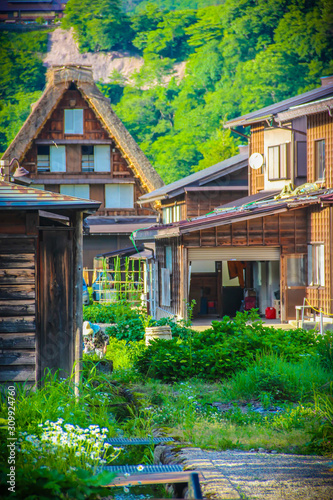 Gassho-zukuri houses in Gokayama Village. Gokayama has been inscribed on the UNESCO World Heritage List due to its traditional Gassho-zukuri houses, alongside nearby Shirakawa-go in Gifu Prefecture. © Aranami