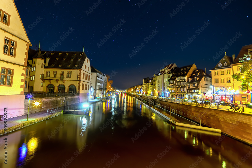 View on the city Strasbourg at night, Alsace, France