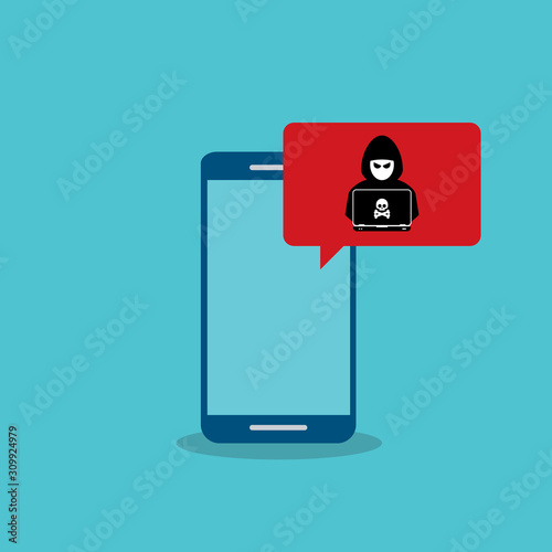 Malware notification on smartphone vector.Mobile phone with hacker, skull, bones, bubble speech red alert, concept of spam data, fraud internet error message, insecure connection, online scam, virus.