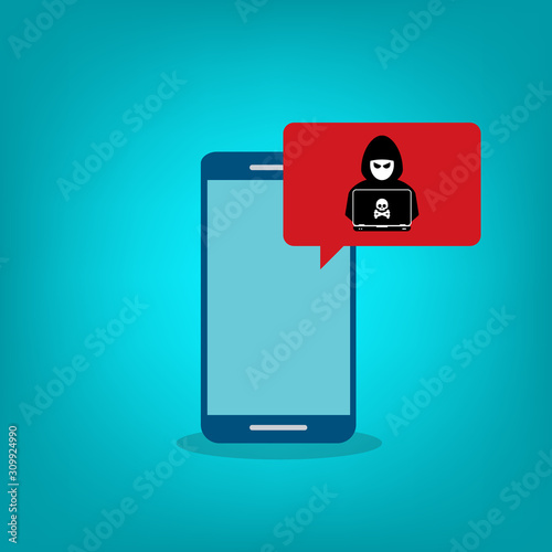 Malware notification on smartphone vector.Mobile phone with hacker, skull, bones, bubble speech red alert, concept of spam data, fraud internet error message, insecure connection, online scam, virus.