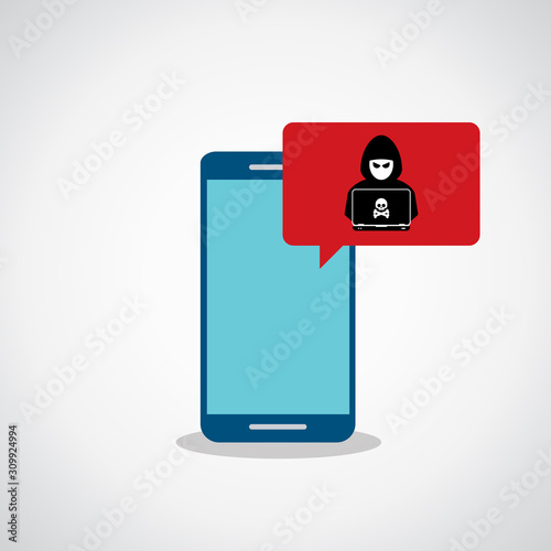 Malware notification on smartphone vector.Mobile phone with hacker, skull, bones, bubble speech red alert, concept of spam data, fraud internet error message, insecure connection, online scam, virus.