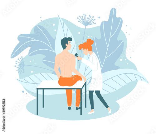 Medical procedure dermatoscopy. A dermatologist examines a patients skin.