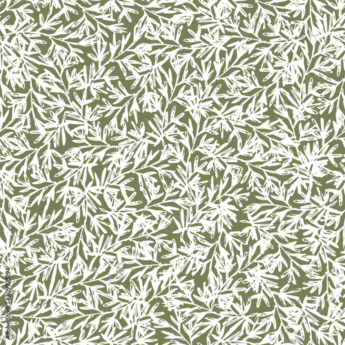 Vector green and white herb rosemary seamless background repeat pattern with sketched compact leaves texture. Perfect for fabric and wedding card backgrounds.