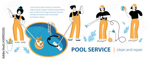 Template for a web banner or landing page. Swimming pool service worker with net cleaning water. Pool and outdoor cleaning, swimming pool service company. Cleaning service concept design.