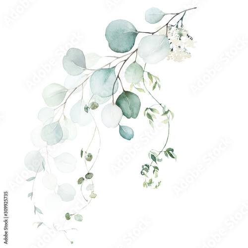 Canvas Print Watercolor floral illustration bouquet - green leaf branch collection, for wedding stationary, greetings, wallpapers, fashion, background