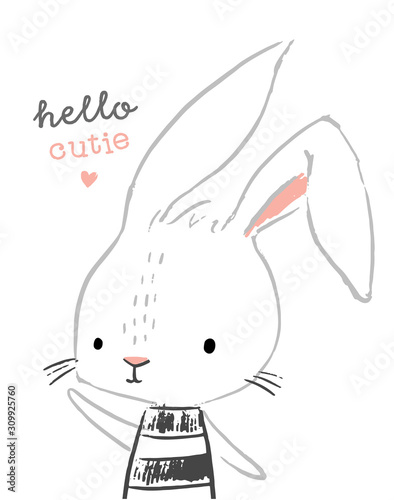 Cute rabbit character. Hand drawn illustration for nursery wall art in scandinavian doodle style. Design for baby, kids poster, nursery wall art, card, invitaton.