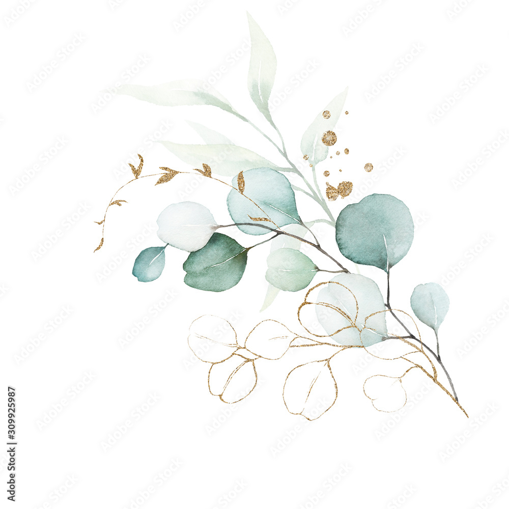 Watercolor floral illustration bouquet - green & gold leaf branches collection, for wedding stationary, greetings, wallpapers, fashion, background. Eucalyptus, olive, green leaves, etc. - obrazy, fototapety, plakaty 