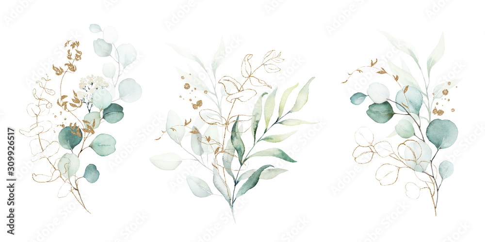 Watercolor floral illustration set - green & gold leaf branches collection, for wedding stationary, greetings, wallpapers, fashion, background. Eucalyptus, olive, green leaves, etc.