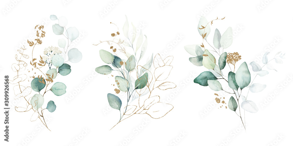 Obraz Akwarela kwiatowy zestaw ilustracji - kolekcja oddziałów zielony & złoty liść, na ślub papeterii, pozdrowienia, tapety, moda, tło. Eukaliptus, oliwka, zielone liście itp.