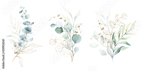 Obraz na płótnie Watercolor floral illustration set - green & gold leaf branches collection, for wedding stationary, greetings, wallpapers, fashion, background. Eucalyptus, olive, green leaves, etc.