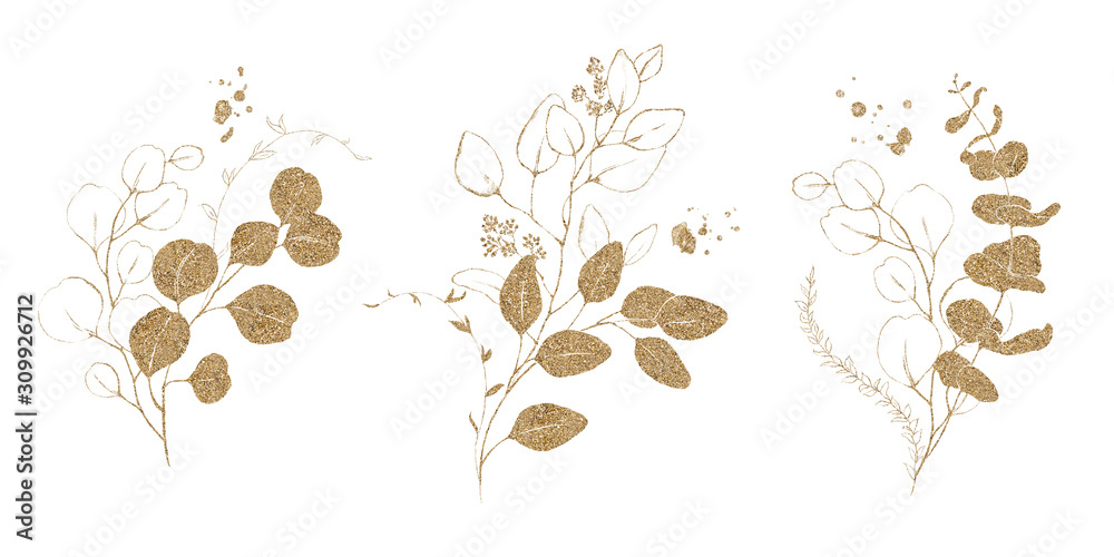 Fototapeta Watercolor floral illustration set - gold leaf branches, for wedding stationary, greetings, wallpapers, fashion, background. Eucalyptus, olive, green leaves, etc.