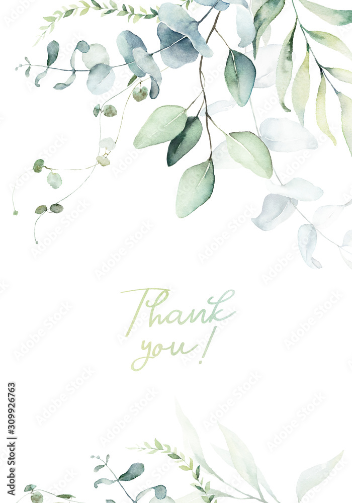 Watercolor floral illustration with green branches & leaves - frame