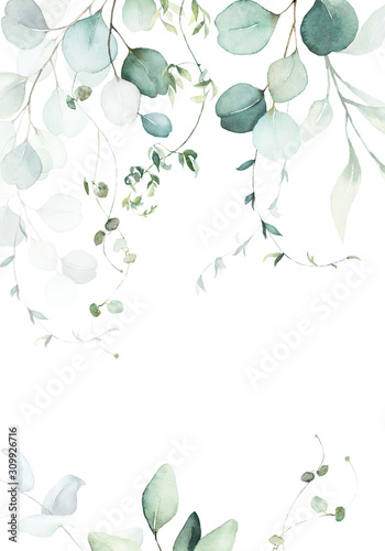 Fotótapéta Watercolor floral illustration with green branches & leaves - frame / border, for wedding stationary, greetings, wallpapers, fashion, background