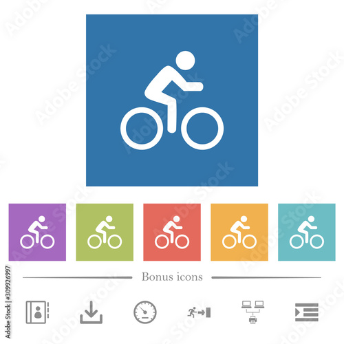 Bicycle with rider flat white icons in square backgrounds