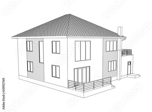 Building perspective 3D. Drawing of the suburban house. Outlines cottage isolated on white background. House 3D model perspective vector. Cottage blueprint. EPS 10. 