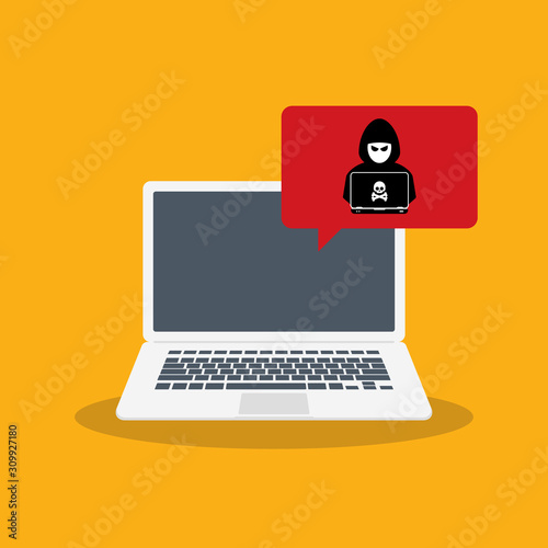 Alert notification on laptop computer vector, malware concept, spam data, fraud internet error, insecure connection, online scam, virus, hacker.