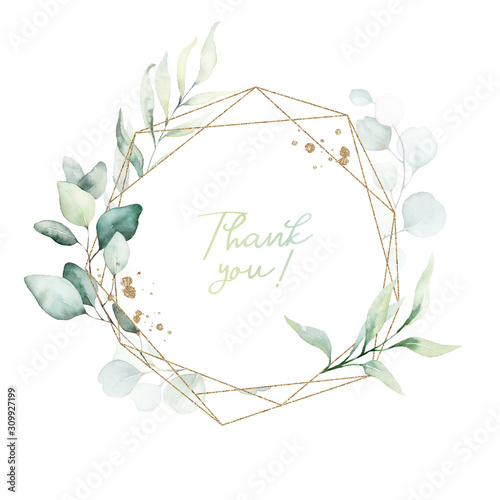 Tableau sur toile Watercolor floral illustration - leaves and branches wreath / frame with gold geometric shape, for wedding stationary, greetings, wallpapers, fashion, background
