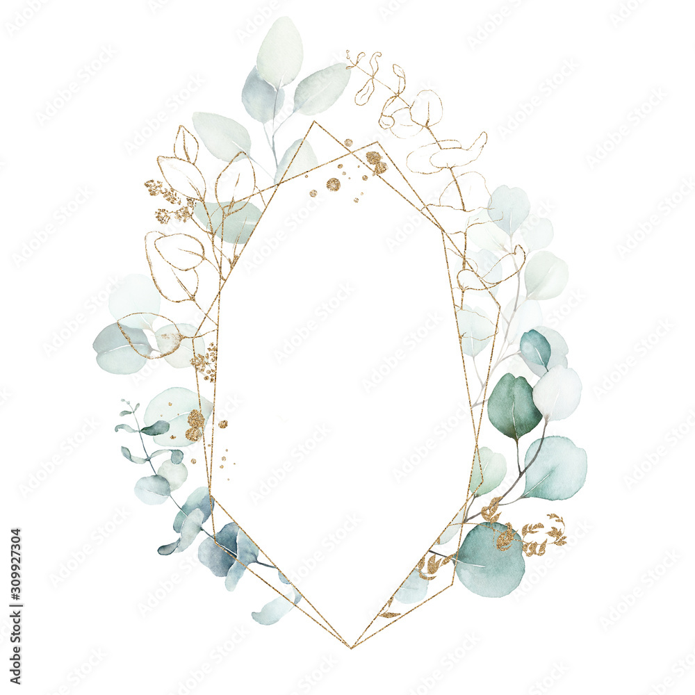 Watercolor floral illustration - leaves and branches wreath / frame ...