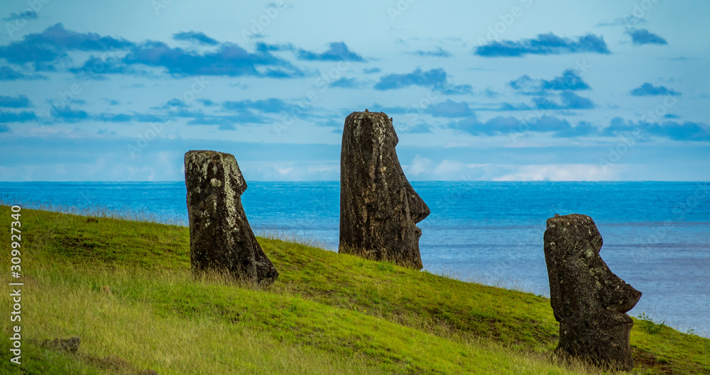 Crooked Moais in quarry under the sky, Rapa Nui island