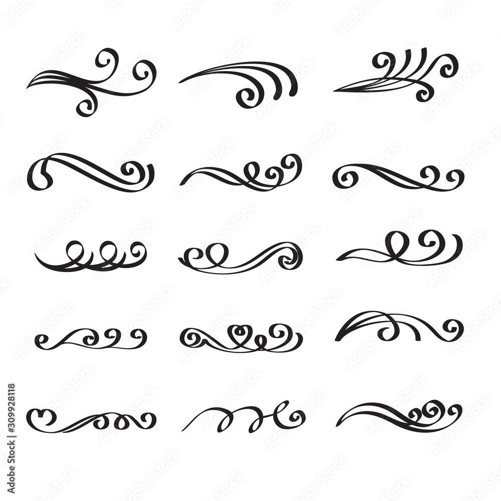 Swirly line curl patterns isolated on white background. Vector flourish vintage embellishments for greeting cards. Collection of filigree frame decoration illustration Swirly line curl patterns isolated on white background. Vector flourish vintage embellishments for greeting cards. Collection of filigree frame decoration illustration