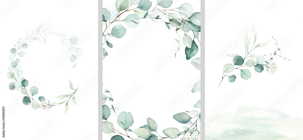 Pre made templates collection, frame, wreath - cards with green leaf branches. Wedding ornament concept. Floral poster, invite. Decorative greeting card, invitation design background, birthday party.