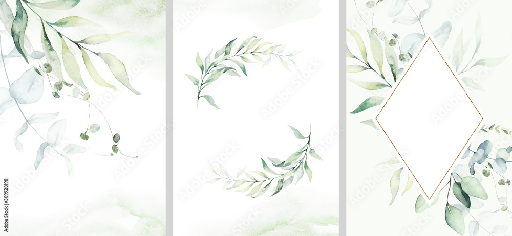 Pre made templates collection, frame, wreath - cards with green leaf branches. Wedding ornament concept. Floral poster, invite. Decorative greeting card, invitation design background, birthday party. - obrazy, fototapety, plakaty 