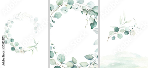 Pre made templates collection, frame, wreath - cards with green leaf branches. Wedding ornament concept. Floral poster, invite. Decorative greeting card, invitation design background, birthday party. photo