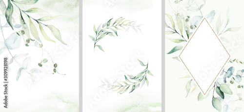 Pre made templates collection  frame  wreath - cards with green leaf branches. Wedding ornament concept. Floral poster  invite. Decorative greeting card  invitation design background  birthday party.
