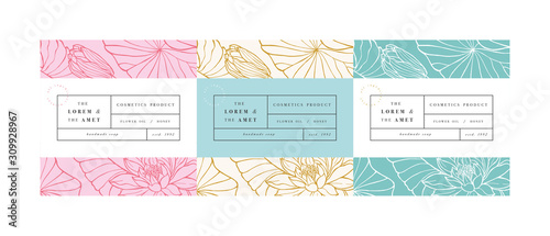 Vector set pattens for cosmetics with label template design. Patterns or wrapping paper for package and beauty salons. Lotus flowers. Organic, natural cosmetic.