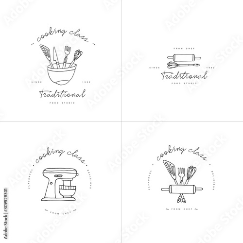 Cooking class linear design elements, set of kitchen emblems, symbols, icons or food studio labels and badges collection. Cooking courses signs template or logo, identity, culinary school.
