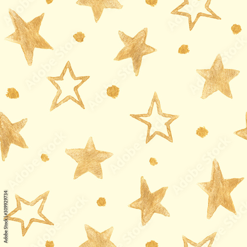 Seamless pattern of watercolor stars and spots on an ivory background. For Wallpaper, textiles, wedding decor. Hand drawing.